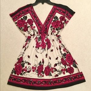 Floral Rose plunge V neck boho peasant tunic top